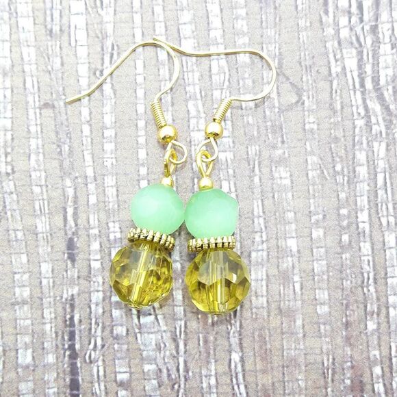 Boho Earrings  402# Gold Green Cats Eye boho Goldplate 925 Silver Hooks  Bohemia - Picture 2 of 5